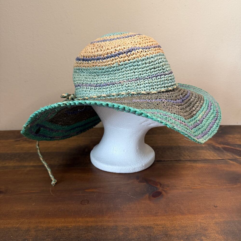 Peter Grimm Blue Cream Raffia Wide Brim Sun Hat Natural Fiber Beach Travel Boho